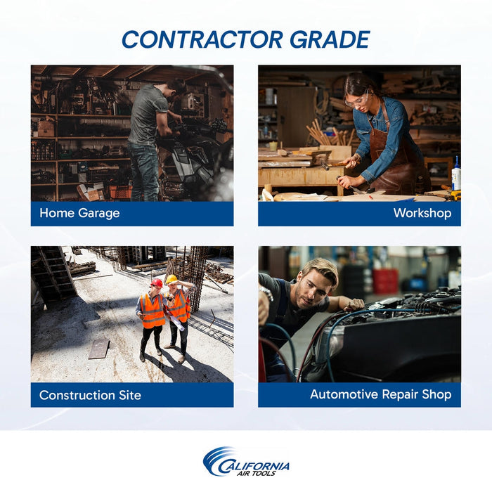 California Air Tools Ultra Quiet & Oil-Free Compressor shown in home garage, workshop, construction site, and automotive repair shop.