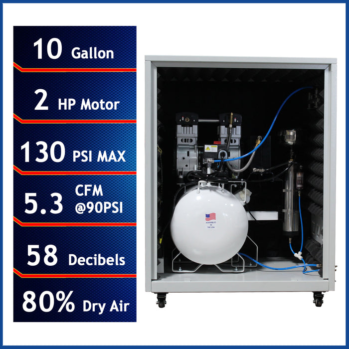 California Air Tools ultra quiet oil-free air compressor 2.0 HP 10 gallon with sound proof cabinet showing interior and key specifications