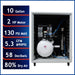 California Air Tools ultra quiet oil-free air compressor 2.0 HP 10 gallon with sound proof cabinet showing interior and key specifications