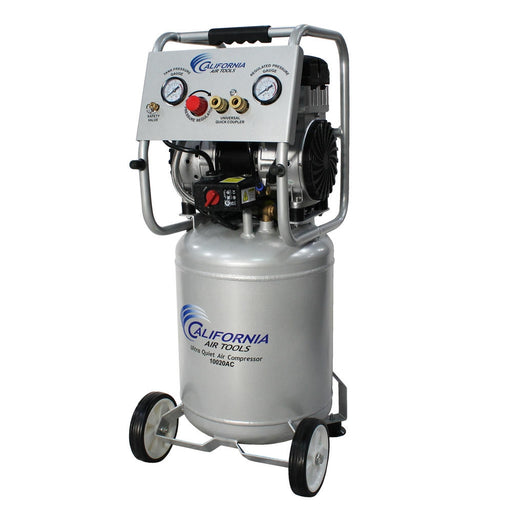 Angled view of 10020AC ultra quiet air compressor with wheels, aluminum tank, and control panel