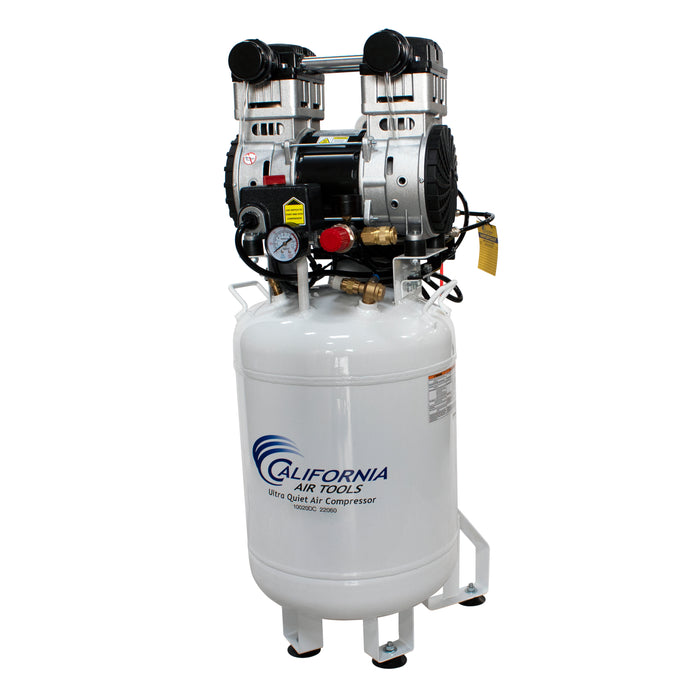 Angled view of the California Air Tools Ultra Quiet & Oil-Free Compressor – 2HP / 10 Gal with dual piston pump