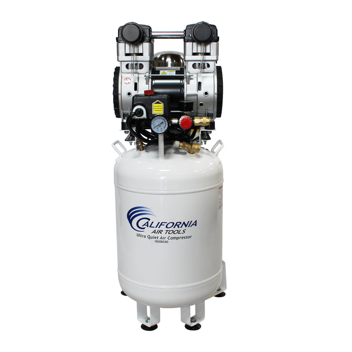 Front view of California Air Tools Ultra Quiet & Oil-Free Compressor – 2HP / 10 Gal with vertical steel air tank and dual piston pump