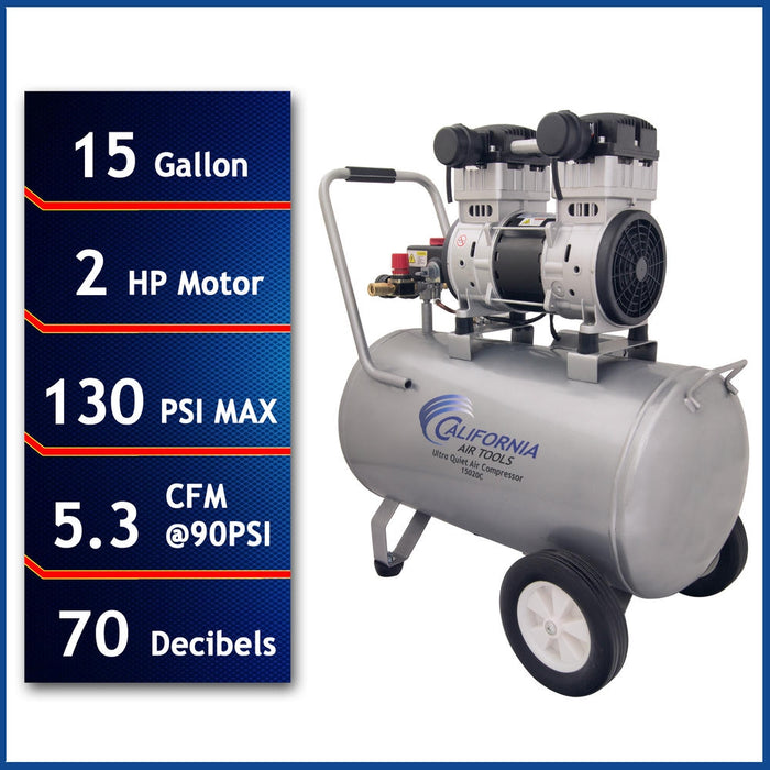 Product specifications of California Air Tools 15020C showing 15 gallon tank, 2 HP motor, 130 PSI max, 5.3 CFM at 90 PSI, and 70 decibels
