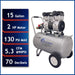 Product specifications of California Air Tools 15020C showing 15 gallon tank, 2 HP motor, 130 PSI max, 5.3 CFM at 90 PSI, and 70 decibels