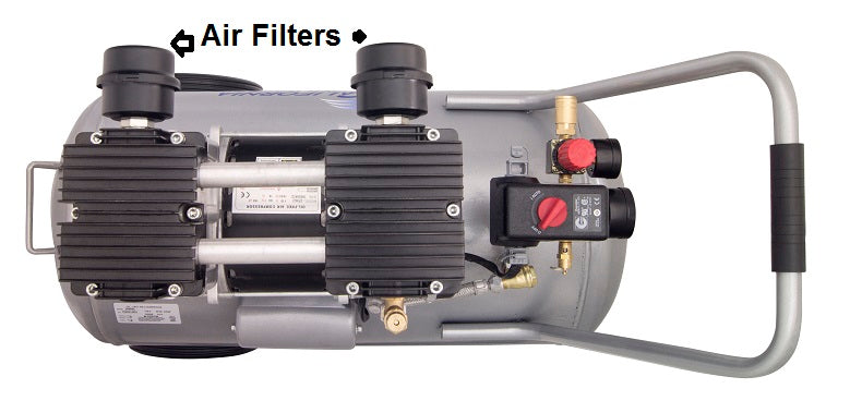 Top view of California Air Tools 15020C air compressor highlighting dual piston oil-free pump and air filters