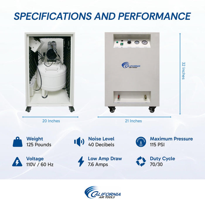 California Air Tools ultra quiet air compressor dimensions, weight, noise level, and performance specifications
