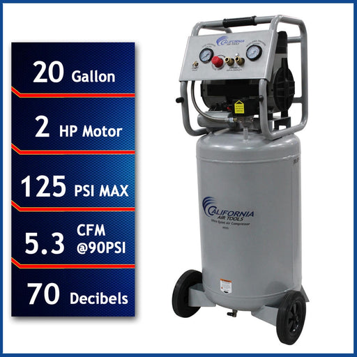 California Air Tools Ultra Quiet & Oil-Free 2.0 HP 20 gallon steel tank air compressor showing 125 PSI, 5.3 CFM at 90 PSI, and 70 dB noise level.