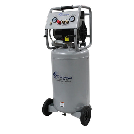 Angled view of California Air Tools Ultra Quiet & Oil-Free 2.0 HP 20 gallon steel tank air compressor with motor, frame, and wheels visible.
