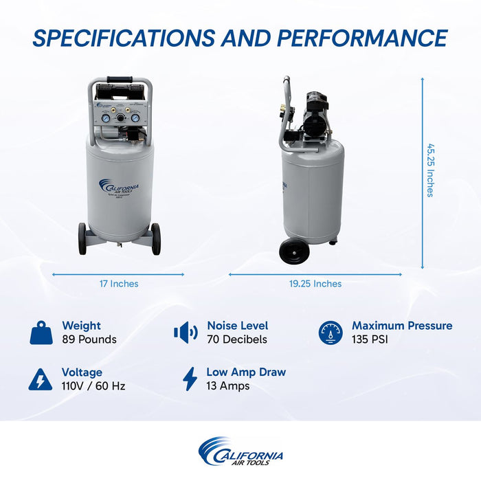 Specifications and performance chart showing size, weight, noise level, voltage, and pressure of the 20 gallon air compressor