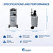 Specifications and performance chart showing size, weight, noise level, voltage, and pressure of the 20 gallon air compressor
