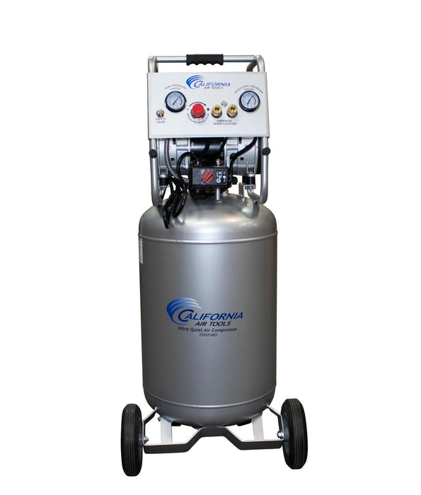 Front view of California Air Tools Ultra Quiet & Oil-Free 2.0 HP 20 gallon steel tank air compressor with control panel, wheels, and vertical design.
