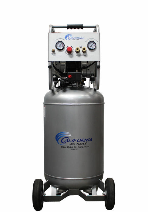 Front view of California Air Tools Ultra Quiet & Oil-Free 2.0 HP 20 gallon steel tank air compressor with vertical design and wheel kit.