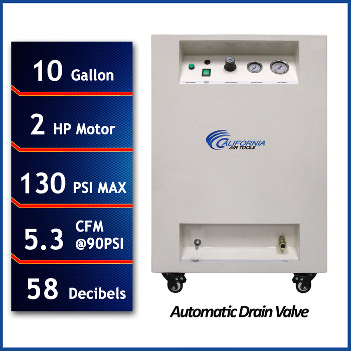 California Air Tools ultra quiet air compressor 2.0 HP 10 gallon with sound proof cabinet and automatic drain valve feature list