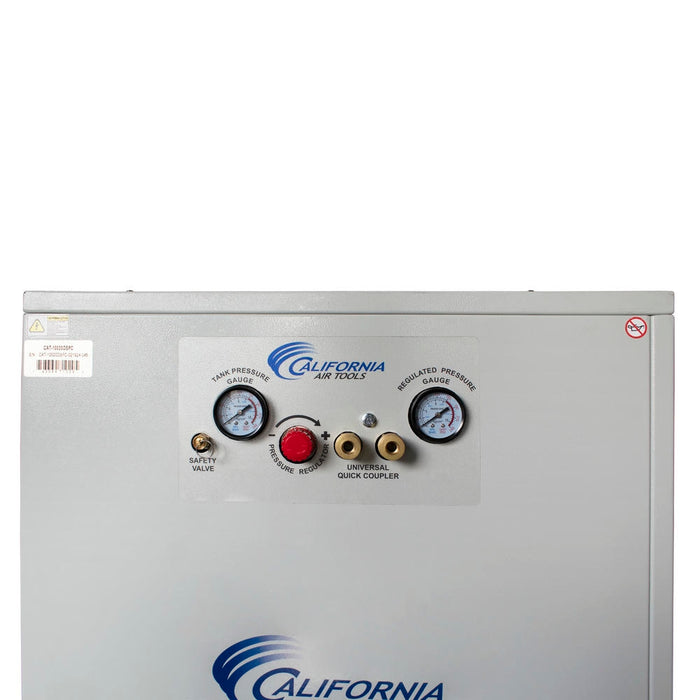 Control panel of California Air Tools ultra quiet 2.0 HP 10 gallon air compressor with sound proof cabinet showing gauges and controls