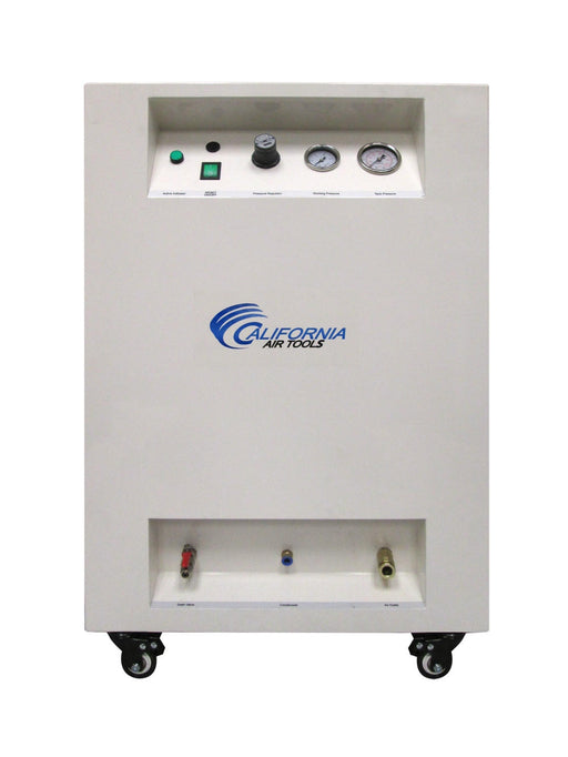 Front panel view of California Air Tools ultra quiet oil-free air compressor with sound proof cabinet and control gauges visible