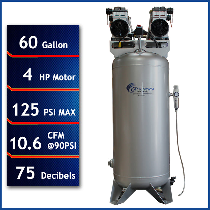 California Air Tools ultra quiet oil-free air compressor showing 60 gallon tank, 4 HP motor, 125 PSI max, and 75 decibels