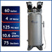 California Air Tools ultra quiet oil-free air compressor showing 60 gallon tank, 4 HP motor, 125 PSI max, and 75 decibels