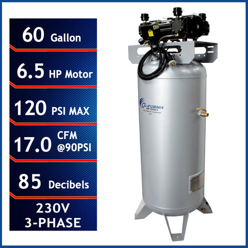 Specifications graphic for California Air Tools 6.5 HP 60 gallon air compressor showing PSI, CFM, voltage, and noise level