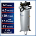 Specifications graphic for California Air Tools 6.5 HP 60 gallon air compressor showing PSI, CFM, voltage, and noise level