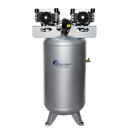 Front view of California Air Tools ultra quiet oil-free air compressor with vertical 80 gallon steel tank