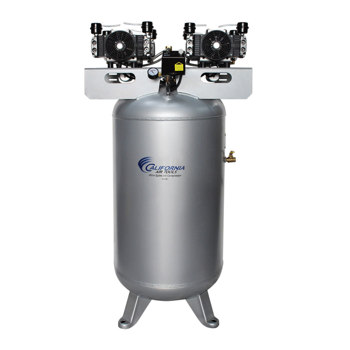 Front view of California Air Tools ultra quiet oil-free air compressor with vertical 80 gallon steel tank
