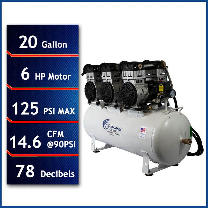 Specifications graphic of California Air Tools ultra quiet air compressor showing 20 gallon tank, 6 HP motor, PSI, CFM, and noise level