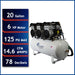 Specifications graphic of California Air Tools ultra quiet air compressor showing 20 gallon tank, 6 HP motor, PSI, CFM, and noise level