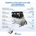 Feature diagram of California Air Tools ultra quiet oil-free air compressor showing motors, tank, valves, and auto drain