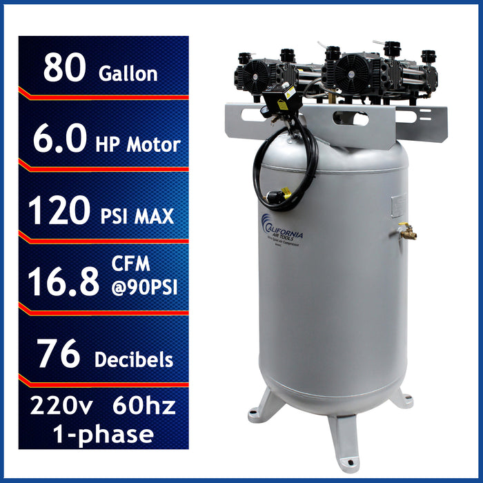 California Air Tools ultra quiet air compressor graphic showing 6 HP motor 80 gallon tank 120 PSI and 76 decibels
