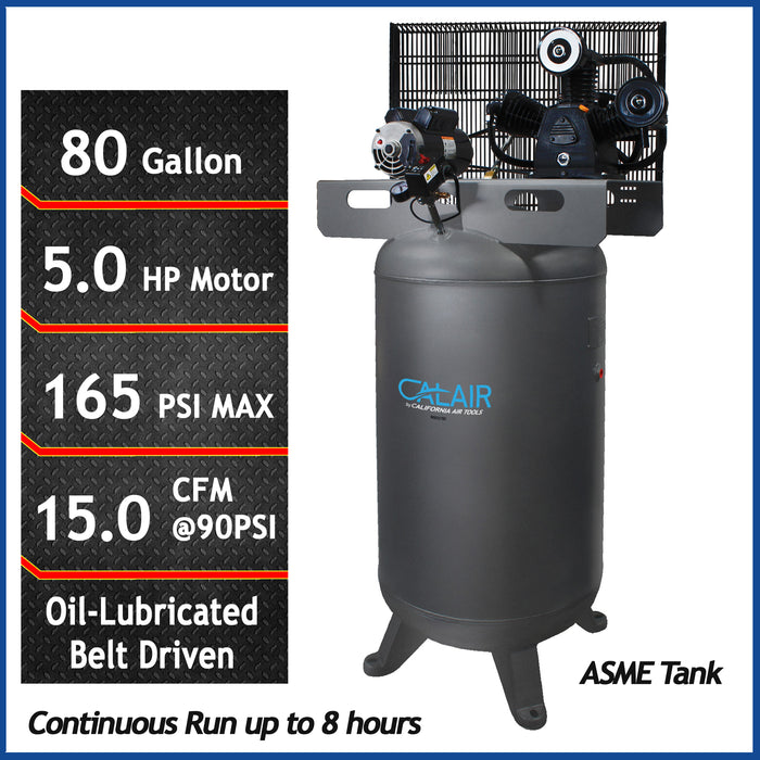 Specifications graphic for California Air Tools oil-lubricated belt-driven 80 gallon ASME steel tank air compressor