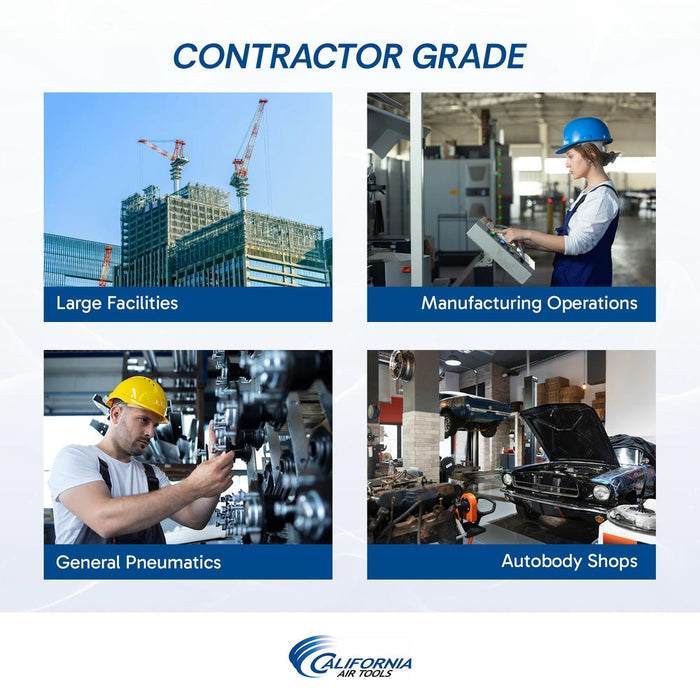 Contractor grade applications for California Air Tools ultra quiet air compressor in large facilities, manufacturing, pneumatics, and autobody shops