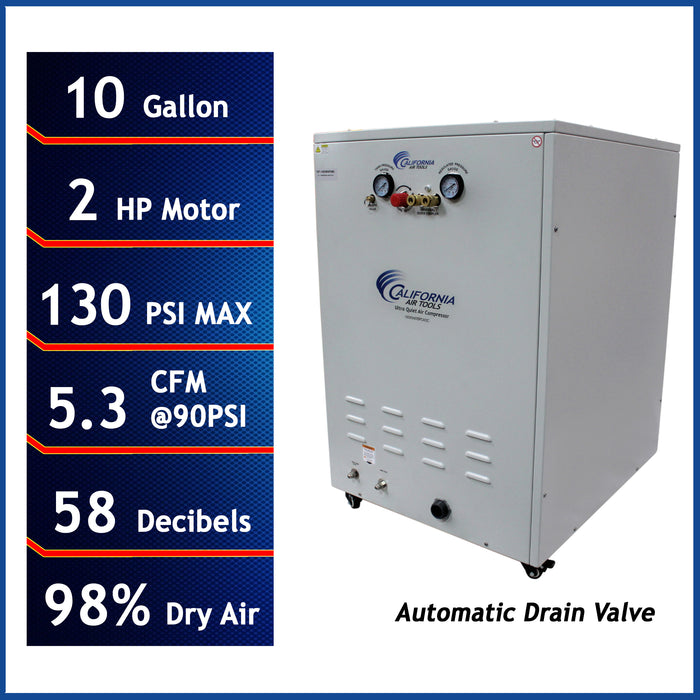 California Air Tools ultra quiet 2.0 HP 10 gallon air compressor highlighting high dry air output and automatic drain valve