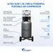 Feature diagram of California Air Tools Ultra Quiet & Oil-Free 2.0 HP air compressor highlighting dual piston pump, steel tank, wheel kit, and easy start valve.