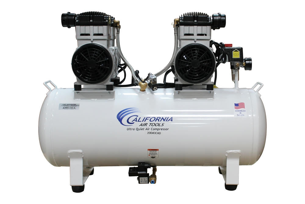 Rear view of California Air Tools Ultra Quiet & Oil-Free Air Compressor showing motor layout, regulator and steel air tank
