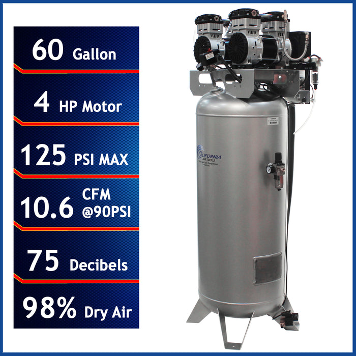 California Air Tools ultra quiet air compressor highlighting 60 gallon tank, 4 HP motor, 75 decibels, and 98 percent dry air