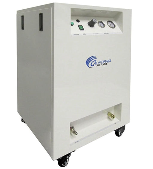 Angled view of California Air Tools ultra quiet oil-free air compressor with enclosed sound proof cabinet
