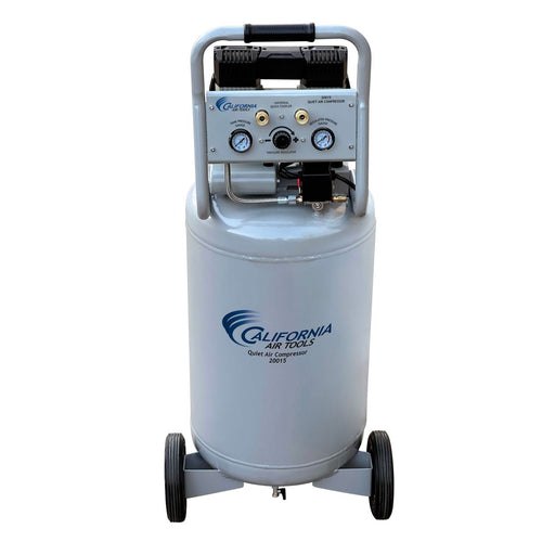 Front view of California Air Tools ultra quiet oil-free air compressor with control panel, wheels, and 20 gallon steel tank