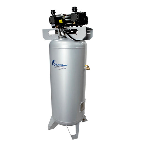 Front view of California Air Tools ultra quiet oil-free air compressor with 6.5 HP motor and 60 gallon vertical steel tank