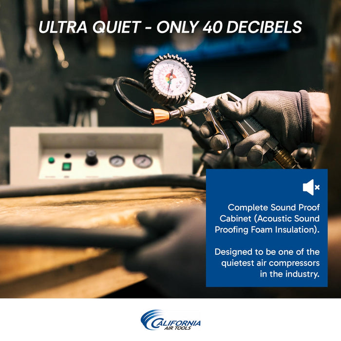 California Air Tools ultra quiet oil-free air compressor showing 40 decibel operation with sound proof cabinet during use