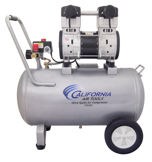 Front view of CAT 15020C ultra quiet oil-free air compressor with 15 gallon steel tank and dual piston motor pump