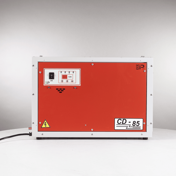 Front view of EBac CD85 industrial dehumidifier with digital humidistat control and steel enclosure