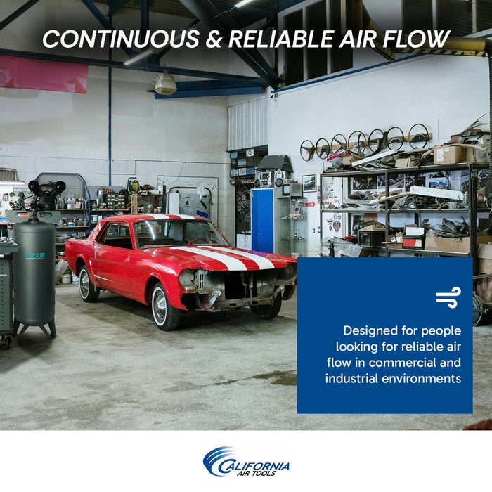 California Air Tools 60 gallon air compressor shown in workshop for continuous and reliable airflow