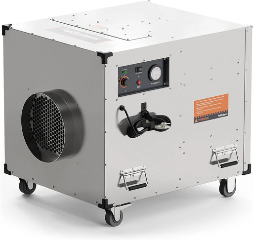 Side view of the commercial AlorAir HEPA Pro UVIG air scrubber showing its stainless steel panel construction and duct outlet