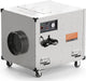Side view of the commercial AlorAir HEPA Pro UVIG air scrubber showing its stainless steel panel construction and duct outlet