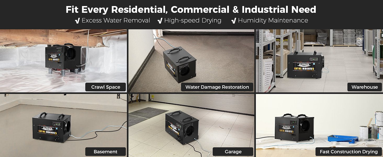 AlorAir Sentinel HDi65S dehumidifier used in crawl spaces, water damage restoration, warehouses, and garages