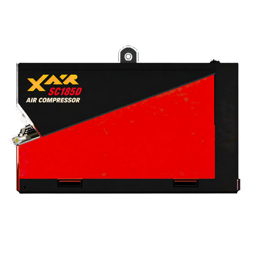 Side profile of Con X Air SC185D diesel air compressor with red and black steel enclosure on white background.