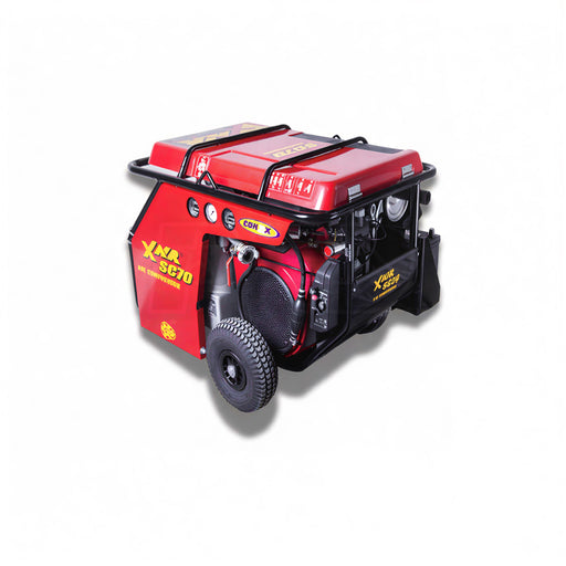 Con X Air SC70 portable air compressor showing 70 CFM unit with wheels, roll bar frame, gauges, and protective red housing