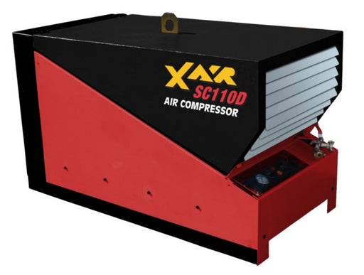 Con X SC110D skid mounted diesel air compressor with compact steel frame and top lifting eye