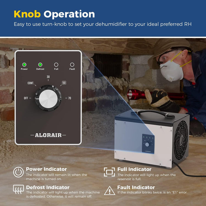 Close-up of the Power, Defrost, Full, and Fault indicator lights and humidity control knob on the AlorAir Sentinel HS35, during a crawl space inspection