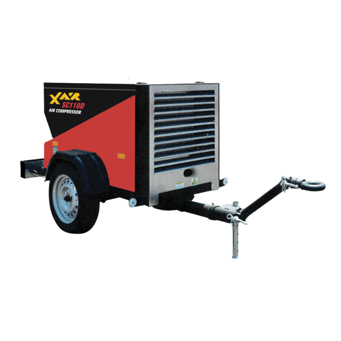 Con X Air SC110DT 110 CFM towable air compressor with single-axle trailer, diesel-powered unit, cooling grille, and hitch for jobsite use.